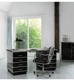 Schreibtisch Stahlblech Chromleiste